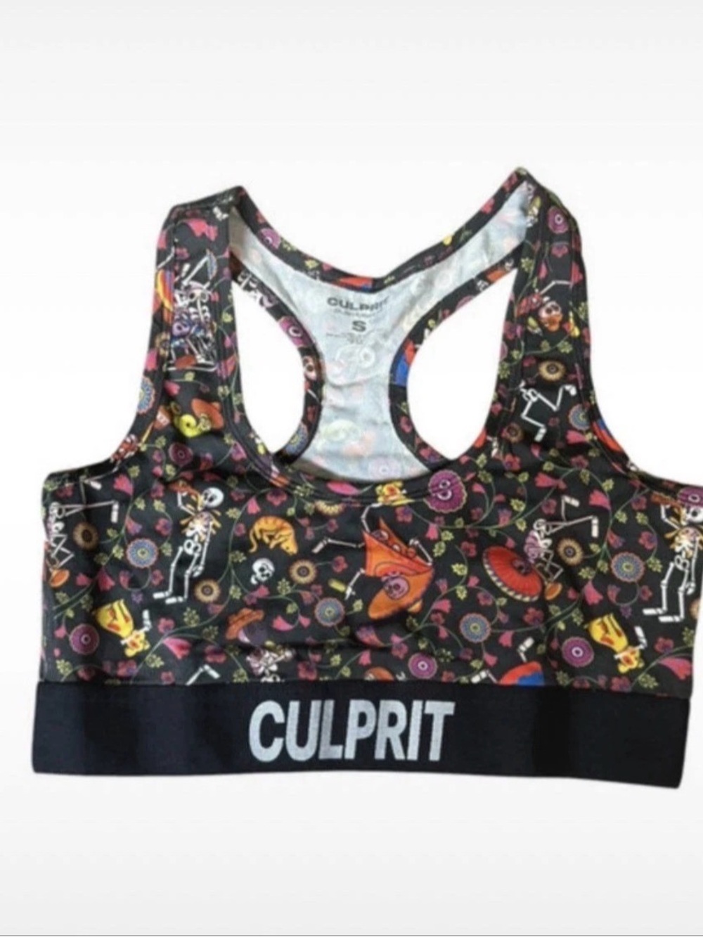 Culprit Black Floral & Skeleton Print Racerback Sports Bra